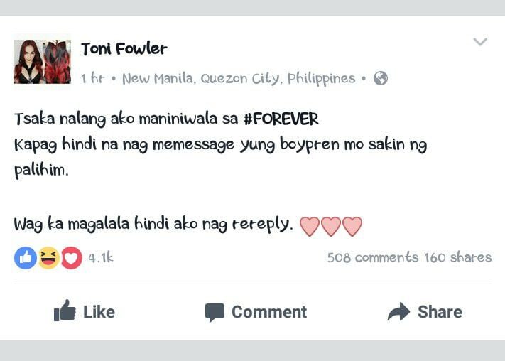 Jelai Andres Facebook post for Toni Fowler