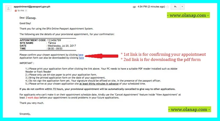 confirmation email appointment code